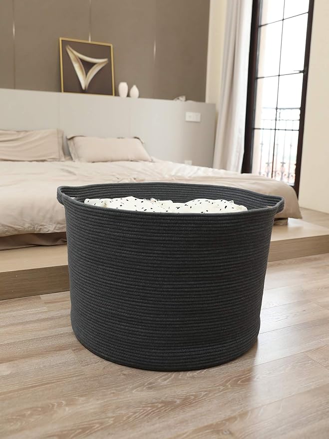 24" x 24" x 17" Max Size Large Cotton Rope Basket, Extra Large Storage Basket, Woven Laundry Hamper, Cloth Storage Bin, for Blankets Clothes Towels Pillows in Living Room, All Dark Grey