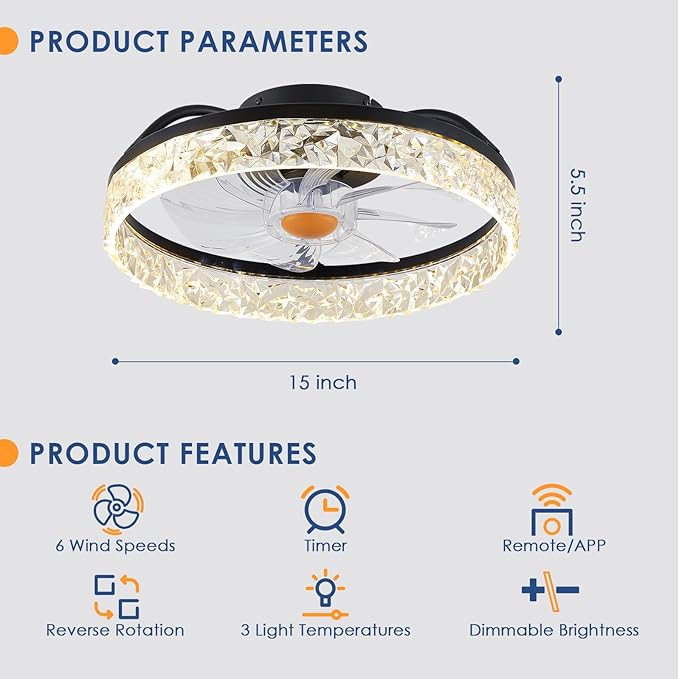 Ceiling Fans with Lights Low Profile - 15.7" Flush Mount Modern Ceiling Fans with Remote Control, Bladeless Enclosed Ceiling Fans for Indoor Bedroom, Living Room and Kitchen