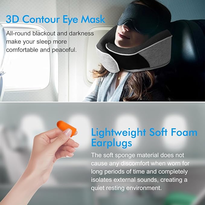 Travel Pillow,Upgraded 100% Memory Foam Neck Pillow for Traveling,Ergonomic Design Soft Best Flight Pillow,Neck Pillow Airplane Kit with 3D Contoured Eye Masks,Earplugs and Luxury Bag (Grey)