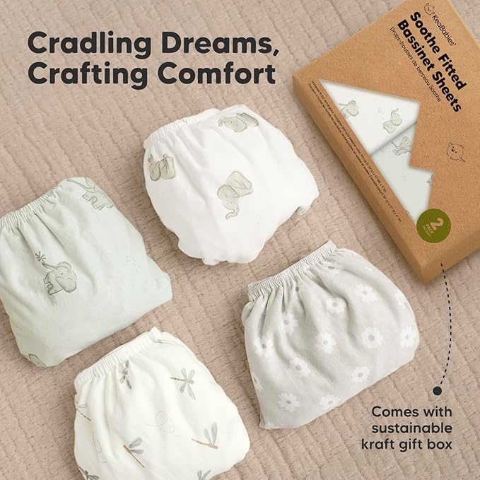 2-Pack Organic Bassinet Sheets for Girls, Boys - 100% Cotton Bassinet Mattress Sheets Compatible with Halo Bassinest Swivel Sleeper, Graco, Baby Delight, Chicco, Unisex Fitted Bassinet Sheets (Elly)