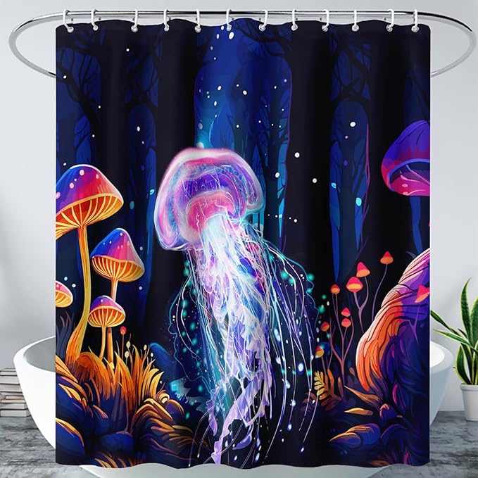 AILONEN Beautiful Jellyfish Shower Curtain,Magic Mushroom Waterproof Fabric Bath Curtain for Kids Girls,Boho Style Mysterious Planet Shower Curtain Set for Bathroom, 72" W*72" H