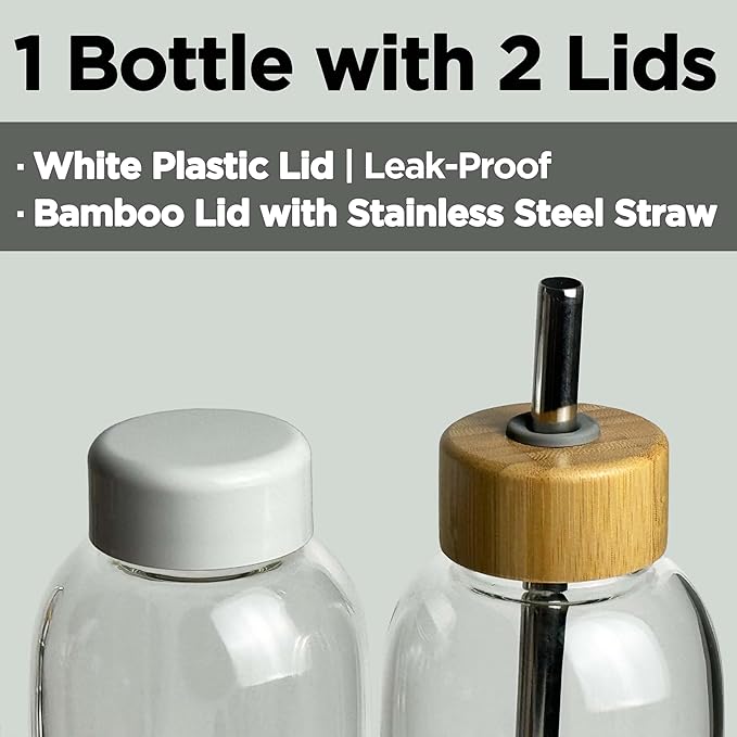 32 oz Motivational Glass Water Bottles with 2 Lids | Sports Water Bottle with Neoprene Sleeve and Adjustable Strap (White Plastic Lid and Bamboo Lid with Straw)