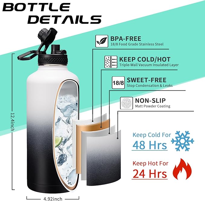 2/3 Gallon Water-Bottle with Straw & Spout Lids - 87oz Insulated Water Bottle Cold-48h Hot-24h, Men Women Stainless Steel Water Jug Travel Mug w/ Strap Carrier Bag, Paracord Handle, Protective Boot