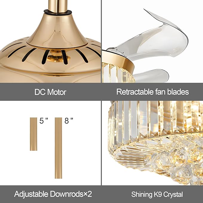 42'' Gold Crystal Chandelier Fan Fandelier Retractable Ceiling Fan with Light and Remote, Invisible Fandelier Ceiling Fan with Light for Bedroom Living Room(crystal-gold)