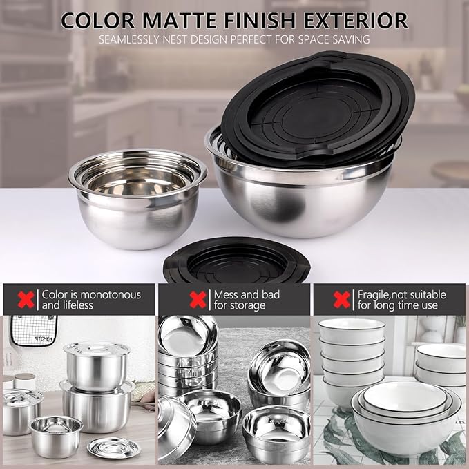 Mixing Bowls with Lids set - 26 PCS Stainless Steel Nesting Black Mixing Bowls Set for Baking, Mixing, Serving & Prepping, Size 5, 3.7, 2.8, 2.3, 1.7, 1.1, 0.7QT, 12 Cooking Utensils