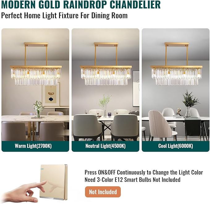Siljoy 8-Light Modern Crystal Chandelier for Dining Room, Rectangular Gold 2-Tiers Crystal Raindrop Chandelier, Luxury Pendant Ceiling Light for Living Room Kitchen Island L31.5'' x W10'' x H10''