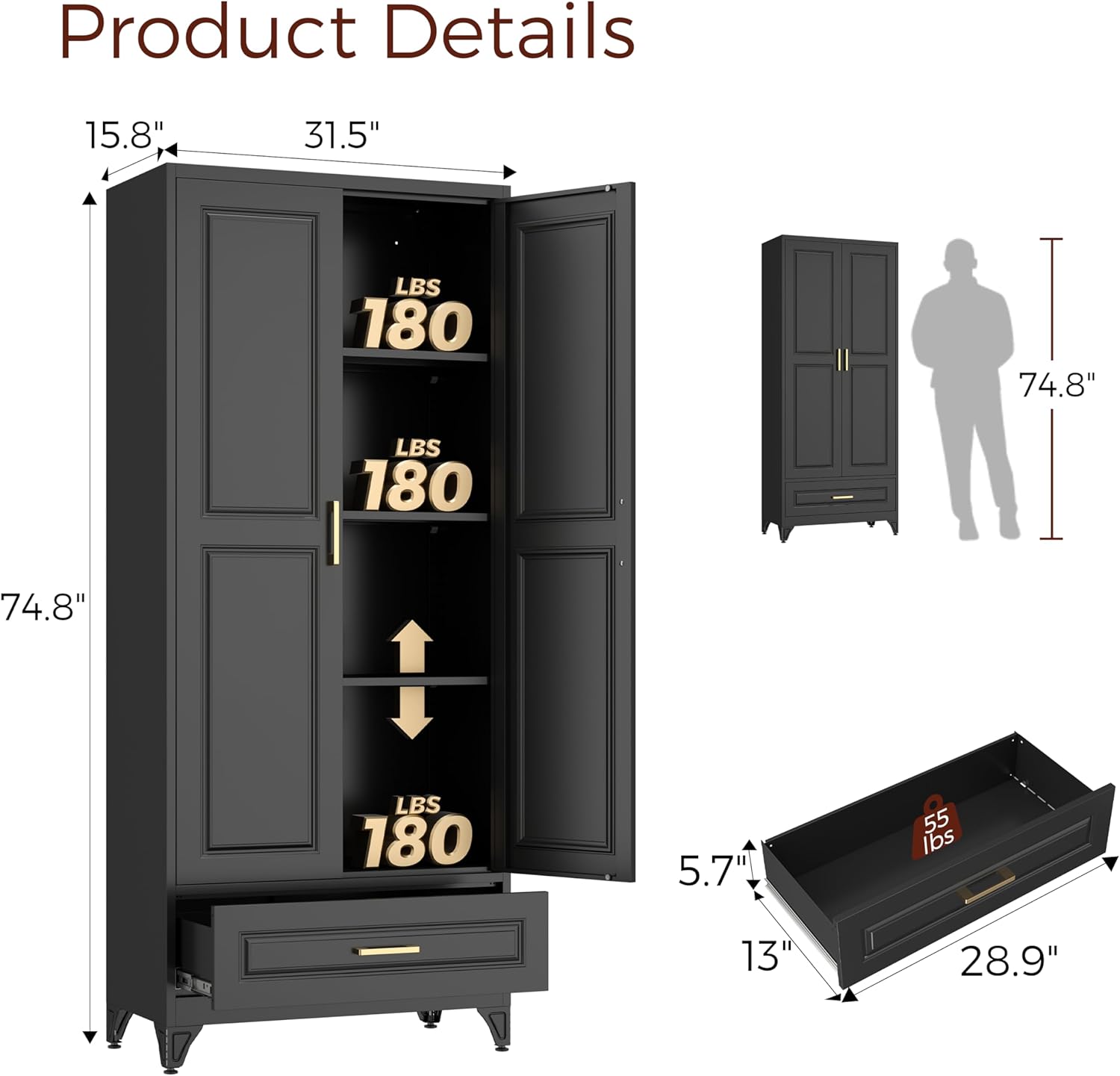 75" Kitchen Pantry Cabinet with Drawer, Metal Storage Cabinets with Doors and Adjustable Shelves, Black Tall Pantry Cabinet for Dinning Living Room, Home Office