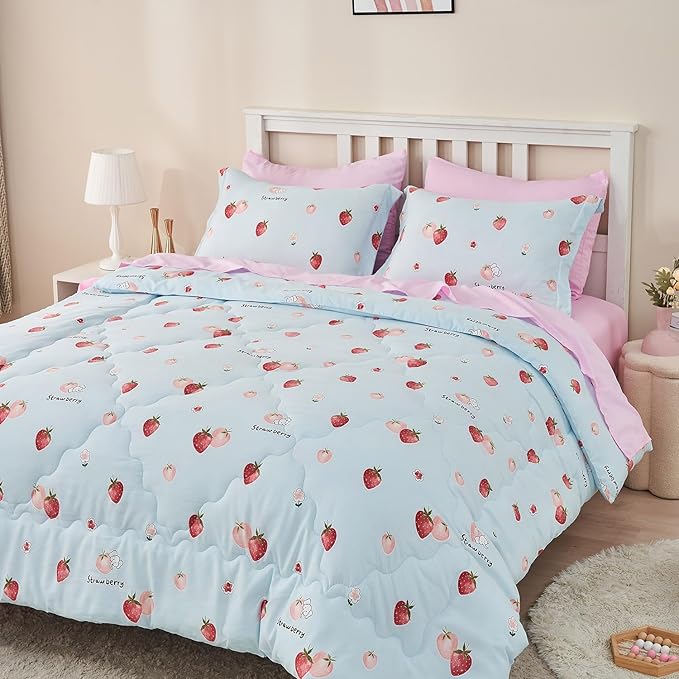 Wajade Kids Strawberry Comforter Set Bed in A Bag Twin Size 7 Piece Blue 3D Cute Strawberry Fruit Bedding Set for Girls Boys (1 Comforter, 1 Flat Sheet, 1 Fitted Sheet, 2 Pillowcase and 2 Pillow Sham)