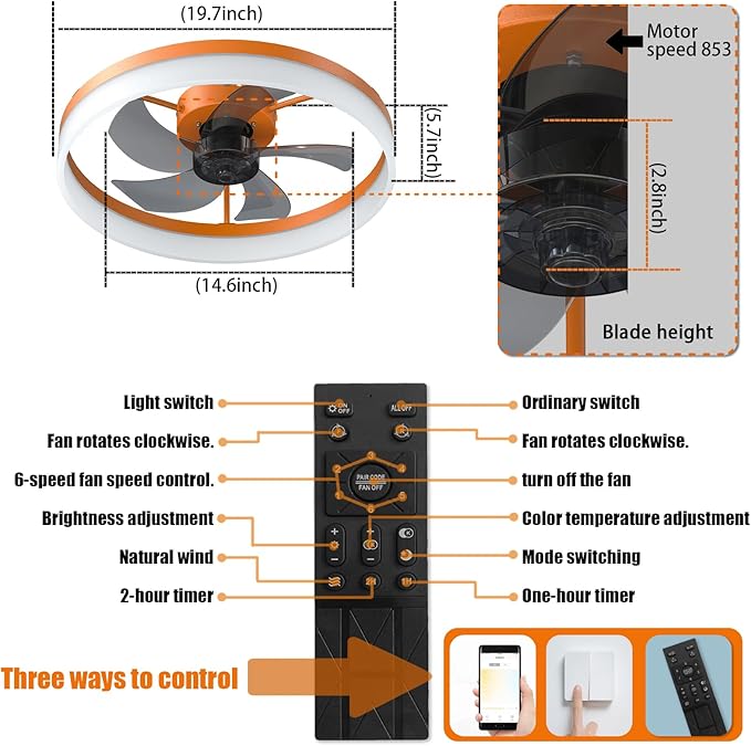 Ceiling Fan with Remote Control Memory Functions 21dB Low Noise 6 Adjustable Speeds Dimmable Led Ceiling Fan for Hallways Balconies Patios Orange Color