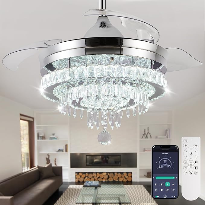 LEONTYNE 42" Modern Fandeliers Chandelier Ceiling Fan LED Dimmable Crystal Ceiling Fan with Light and Remote 6 Speed 3 Blades Retractable Fans for Bedroom Living Dining Room (APP & Timing)