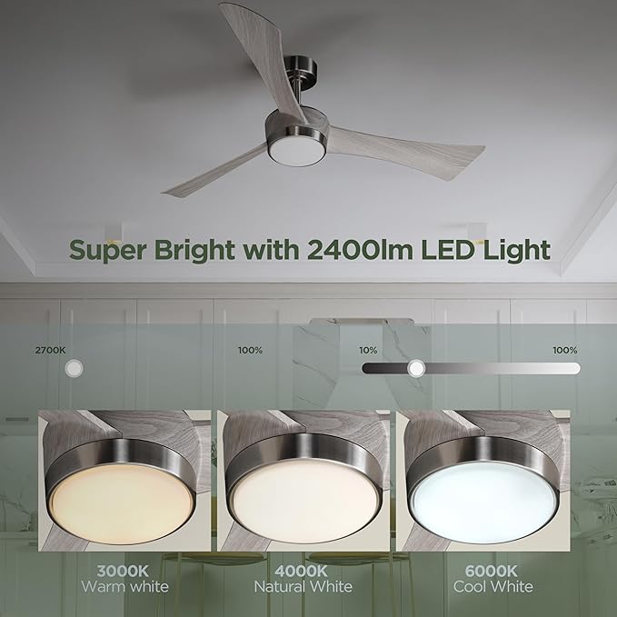 Ceiling Fan with Light Remote: 52 Inch Modern Bedroom Fans with Dimmable Tri-Color Temperatures LED - Water Transfer Printing 3 Blades (Brushed Nickel+Gray-3)