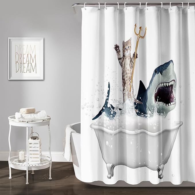 AILONEN 3D Bathtub Shark Shower Curtain for Kids 120 * 180 Inch,Cat Riding Shark in a Bathtub Shower Curtain,12 Pack Hooks Polyester Waterproof Fabric Decor for Bathroom Bathtub Panels