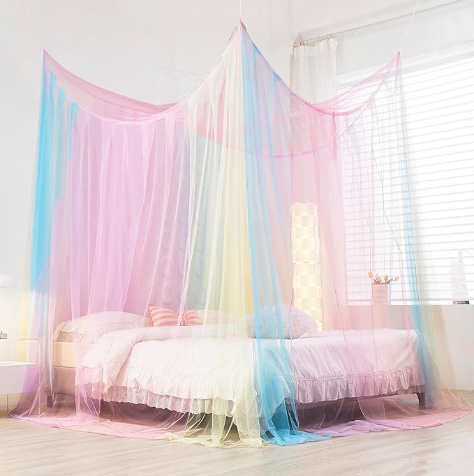 Mengersi Rainbow Canopy Bed Curtaina Mosquito Net for Bed Canopy, Four Corner Post Curtains Elegant Bed Netting, Screen Netting Canopy Curtains for Twin to Twin XL Size Bed
