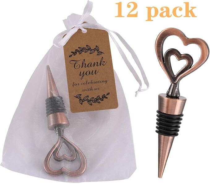 12PCS Valentine's Day Wedding Favors for Guests,Happy Birthday Graduation Gifts Double Heart Wine Bottle Stoppers Bridal Shower Anniversary Party Decor (12,Bronze Heart)