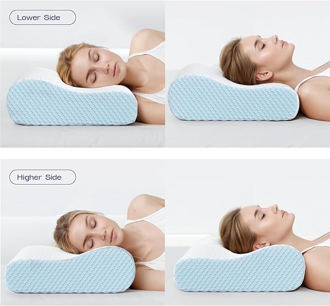 Memory Foam Contoured Pillow - 2 Hieghts Orthopedic Pillows for Neck Pain Relief- Soft Memory Foam Pillow for Sleeping- Ergonomic Pillows for Side, Back, Stomach Sleepers (Blue White)