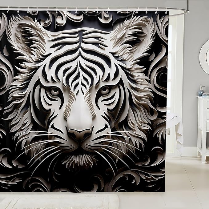 Feelyou Leopard Fabric Shower Curtain for Girls Boys Adult Damask Leopard Bathroom Waterproof Accessories with 12 Hooks Black White Shower Curtain Animal Print Curtains,72x78 Inches