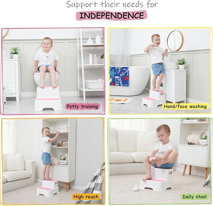 2 Step Stools for Toddlers, Kids Step Stool for Bathroom Sink, No Slip Step Stool for Toddlers Bathroom (2 Pack, White Pink)