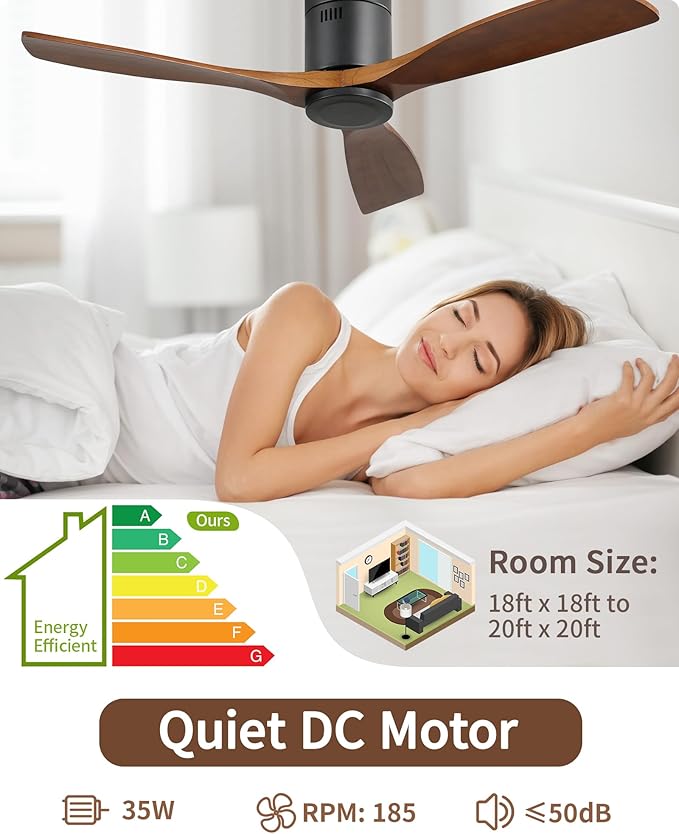 CACI Mall 52 Inch Flush Mount Wood Ceiling Fan without Light,Low Profile,Modern,6 Speed,3 Blades Timer,Remote Control,Quiet Reversible DC Motor for Berdrooms, Livingroom, Patios