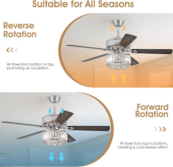 Chandelier Ceiling Fans with Lights - 52 Inch Modern Farmhouse Fandelier Ceiling Fan with Remote, Crystal Ceiling Fan Light for Bedroom Living Room, Dual Finish Wooden Blades, Chrome