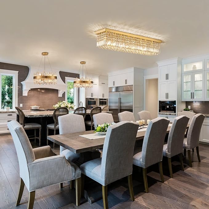 Siljoy 8-Lights Rectangular Flush Mount Ceiling Light Gold Rectangle Modern Crystal Chandelier Farmhouse Close to Ceiling Raindrop Pendant Light Fixture for Dining Living Room Kitchen Island L40''