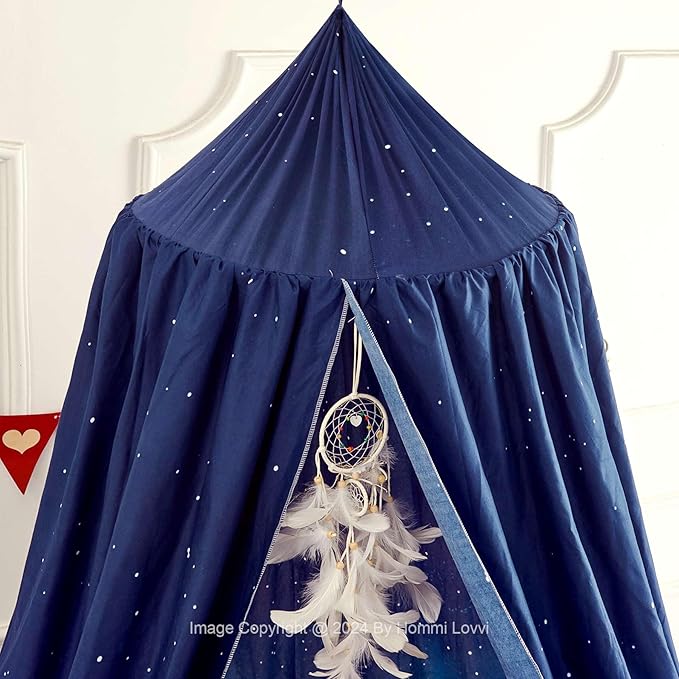 Ocean Print Kids Bed Canopy, Girls Princess Bed Canopy Dreamy Room Decor, Soft Hanging Reading Nook Play Tent Canopy, Extra Large Full Size Bed Canopy with String Light