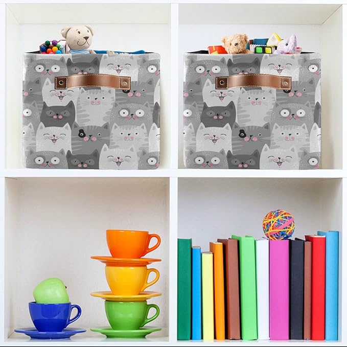 Cute Cats Storage Basket Fabric Storage Bin Laundry Baskets, Funny Cat Kitty Foldable Storage Boxes Organizer Bag for Baby Cloth Dog Toy Book Storage Cubes Shelf Closet Basket 16×12×8 Inches