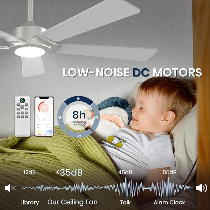 GESUM 52 Inch Smart Ceiling Fan with Light, Nickel Ceiling Fan with 5 Reversible Blades, Dimmable, 6 speed, 3CCT, Outdoor Ceiling Fan with Remote/App Control for Patio Kitchen Bedroom (Nickel)