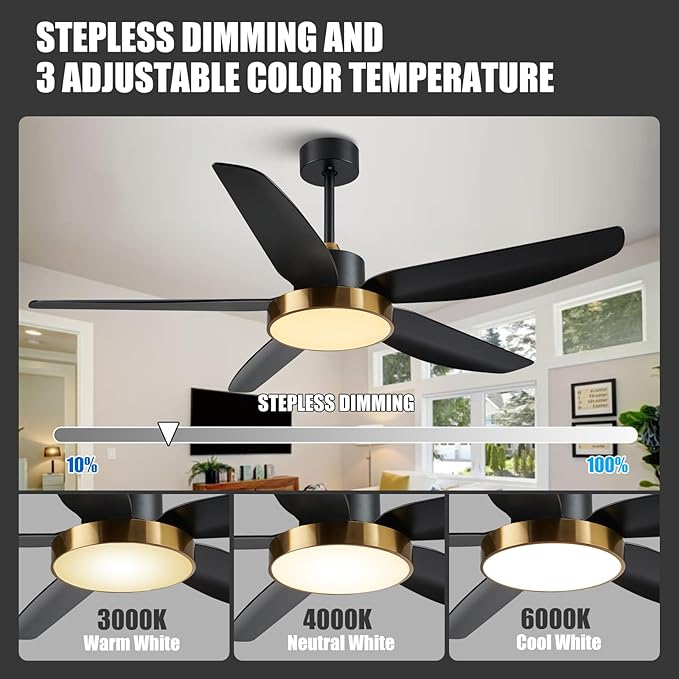 Modern Ceiling Fan with Light and Remote Control,56''Ceiling Fan with 3 Color Lights,Memory Function,5 Blades,6 Speeds,Outdoor Fan and Light for Living Room,Bedroom,Kitchen,Brass Gold