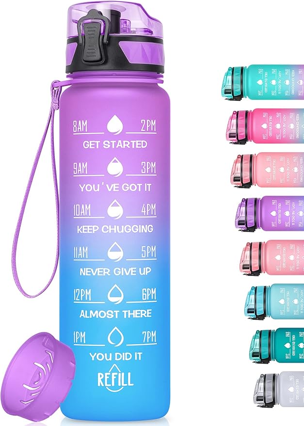 32oz/26oz Motivational Water Bottle with Time Marker & Fruit Strainer, Leak-proof BPA Free Non-Toxic 1l Bottle with Carrying Strap, Perfect for Fitness, Gym and Outdoor Sports, Plastic