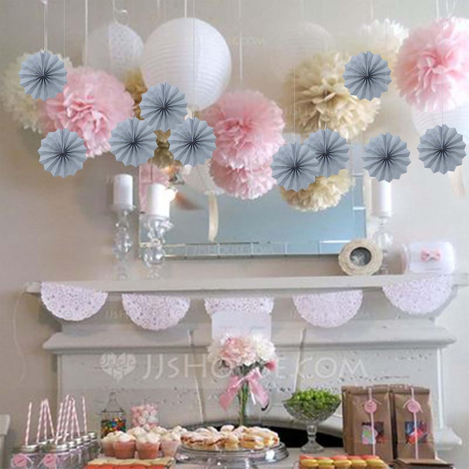 Gray Party Decorations,Wedding Decorations for Party Events Accessories,Anniversary Decorations,Birthday Decorations for Men,8in Hanging Paper Fans 30 Color DIY Set(Gray)