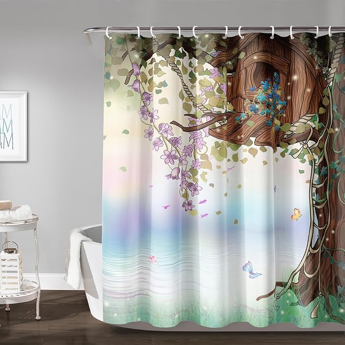 AILONEN Yellow Tree Leaves Shower Curtain,Botanical Floral Plants Vine Shower Curtain,Butterfly Floral Shower Curtain for Bathroom Decor Polyester Waterproof with Grommets and Hooks 36" W*72" H
