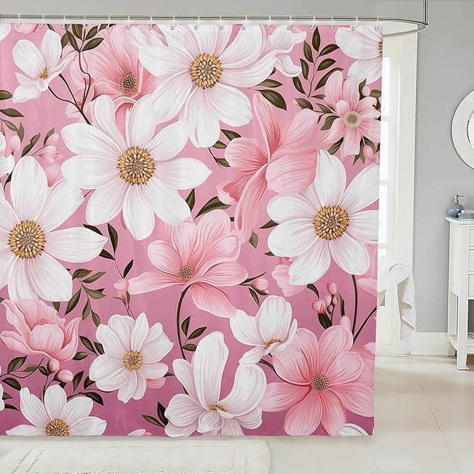 Feelyou Flower Fabric Shower Curtain for Kids Boys Girls Pink Floral Bathroom Waterproof Accessories with 12 Hooks Flower Botanical Shower Curtain Nature Plants Curtains,72x78 Inches