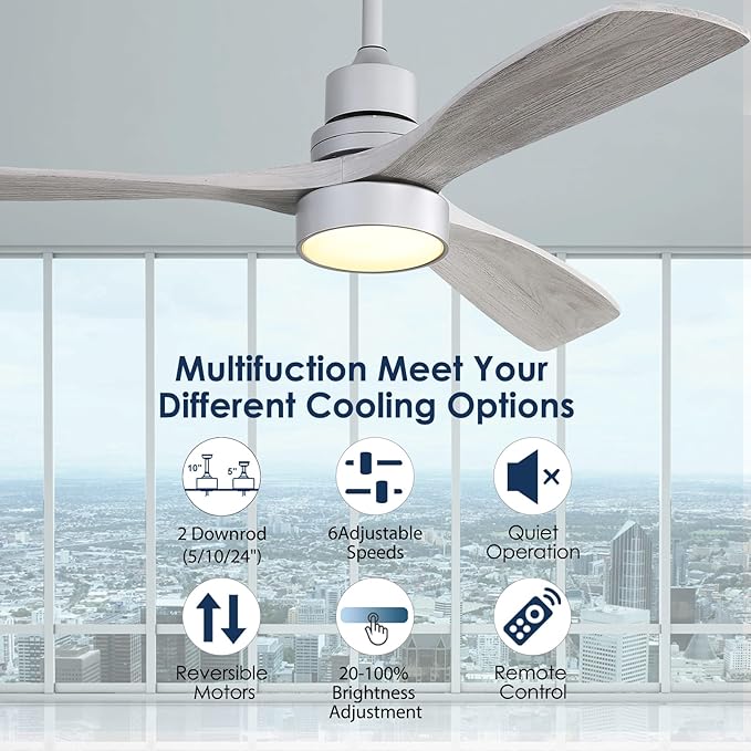Sofucor 52 Inch Ceiling Fans with Lights and Remote Control, Indoor Outdoor Mordern Wood Ceiling Fan with Reversible Quiet DC Motor, 6 Speed, 3 Downrods, for Farmhouse Bedroom Patio Balcony