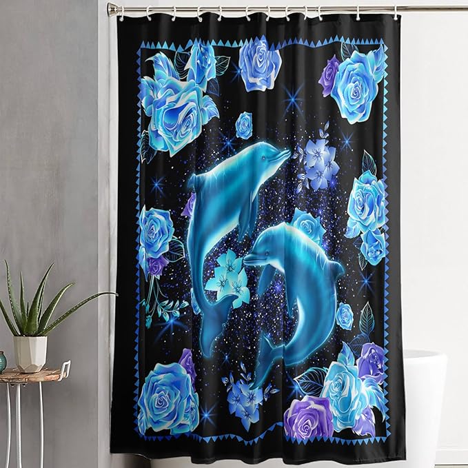 AILONEN Catrtoon Dolphin Shower Curtain Bathroom 72" W*72" H Blue Dolphin Curtain Cloth Fabric Bathroom for Kids Girls,3D Blue Rose with Jumping Dolphins Shower Curtain Set