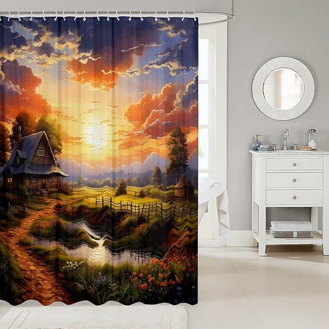 Feelyou Western Farmhouse Fabric Shower Curtain Kids Farmhouse Bathroom Waterproof Accessories with 12 Hooks for Boys Girls Sunset Shower Curtain Nutrue Theme Curtains,72x72 Inches