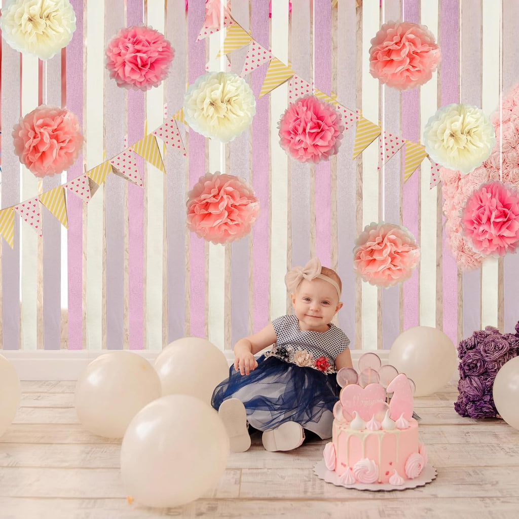 Pink Party Streamers Bridal Shower Decorations - Blush Pink Cream Colorful Paper Pom Poms Wall Decor for Baby Showers, Weddings, Graduations, Tea Parties, Engagement