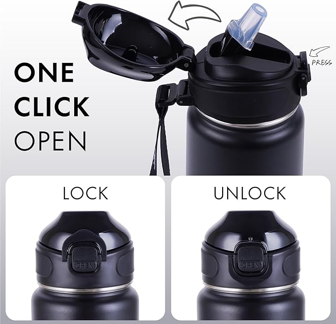 32 oz Insulated Water Bottle with Straw, Stainless Steel Metal Thermos Bottles, Durable Non-Slip Gradient Bottle with Strap for Sports and Travel, Leak Proof (Black Matte)