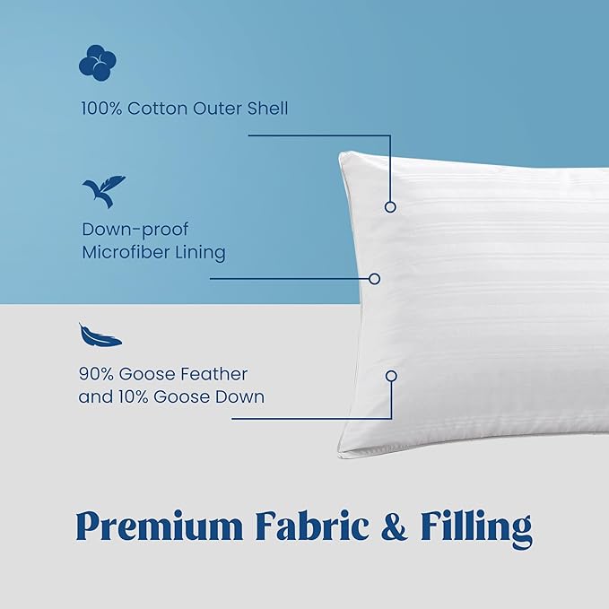 puredown Goose Feather Down Pillows, Bed Pillows for Sleeping with 2 Outer Protectors, Hotel Standard/Queen Pillows Set of 2 (Pack of 2)