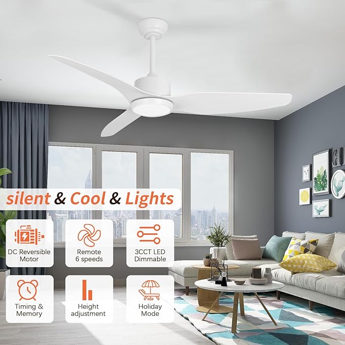 White Ceiling Fan with Light Remote 52in Timing 6Speeds Silent DC Motor 3CCT LED Light with Memory Lighting Function Indoor Outdoor Fan Farmhouse Bedroom Living Room use