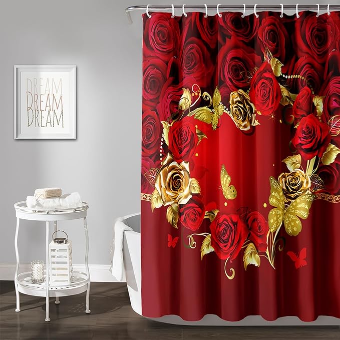 AILONEN Red Rose Couple Shower Curtain,Red and Gold Hearts Printed Bath Curtain,Modern Waterproof Luxury Rose Themed Bathroom Decor, 72" W x 84" H