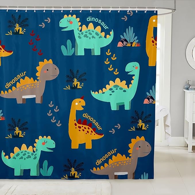 Feelyou Dinosaur Bathroom Shower Curtain Set Cute Dinosaur Bath Curtain Cartoon Dinosaur Shower Curtain Kids Toddler Boys Girls Kids Dinosaur Kids Bathroom Accessories 72"x72"