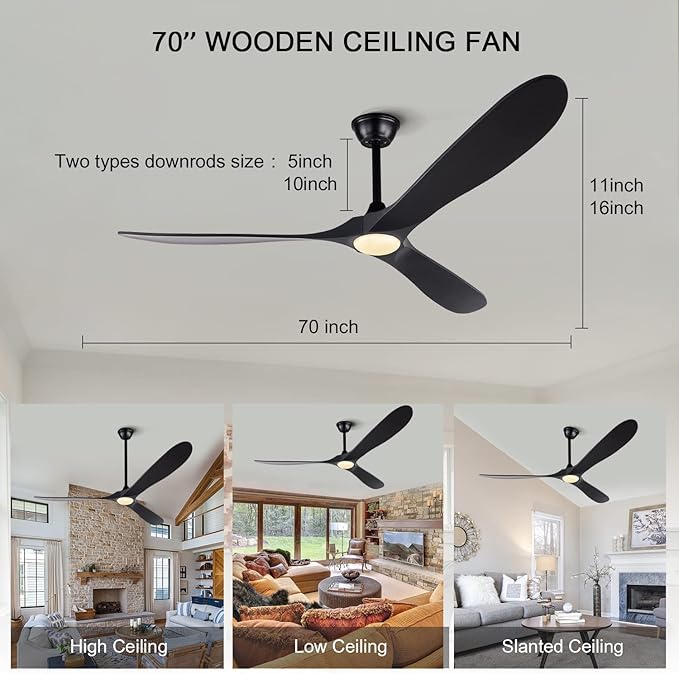BOJUE 72 Inch Black Ceiling Fans with Lights and Remote Control, Indoor Outdoor Ceiling Fan, Wood Ceiling Fan flush mount with 3 Wood Blade for Bedroom Patio Living Room (Black Blades)