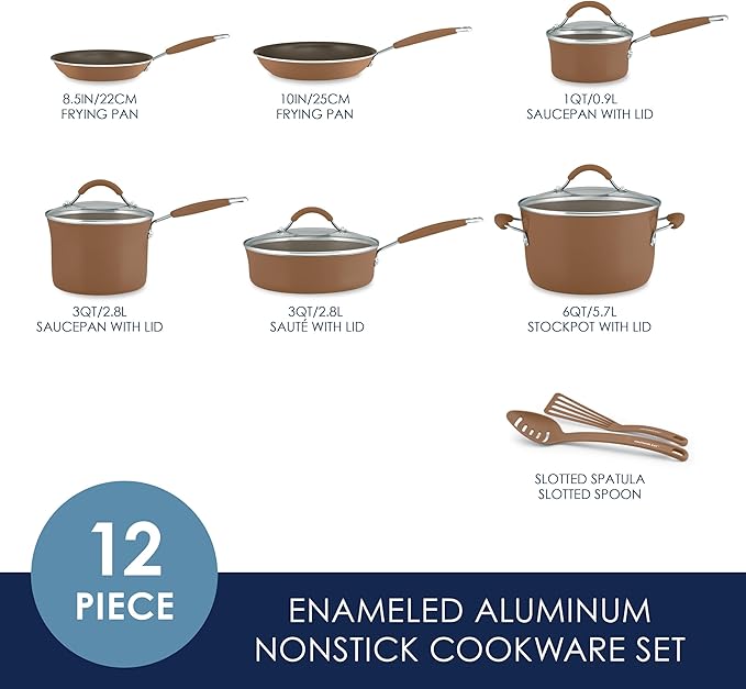 Rachael Ray Cucina Nonstick Cookware Pots and Pans Set, 12 Piece, Mushroom Brown