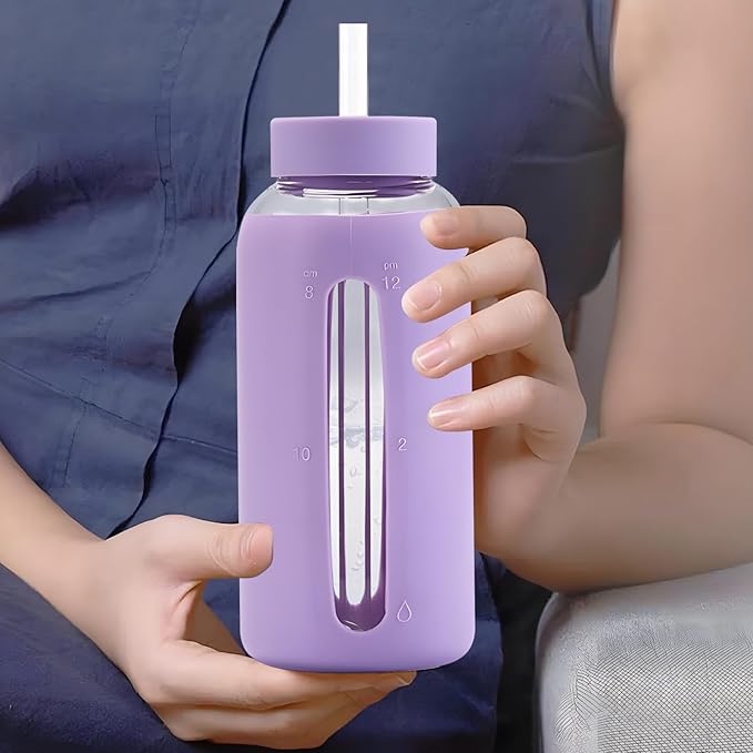27 Oz Hydration Bottle,Minimalist Glass Water Bottle With Silicone Sleeve,Wide Mouth Opening With 2 Lids,Train Straws,Gift for Kids/Adults,Sport Glass Water Bottle for Gym/Yoga/Outdoor (PurPle, 27 oz)