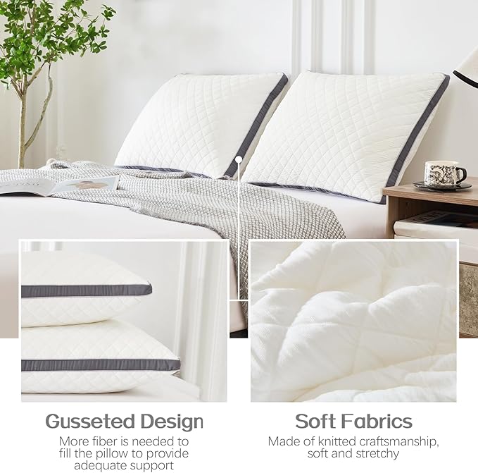 Soft Pillows Standard Size Set of 2,Bed Pillows with Gusseted Edge,Fluffy Microfiber Standard Pillows 2 Pack for Back, Stomach or Side Sleepers
