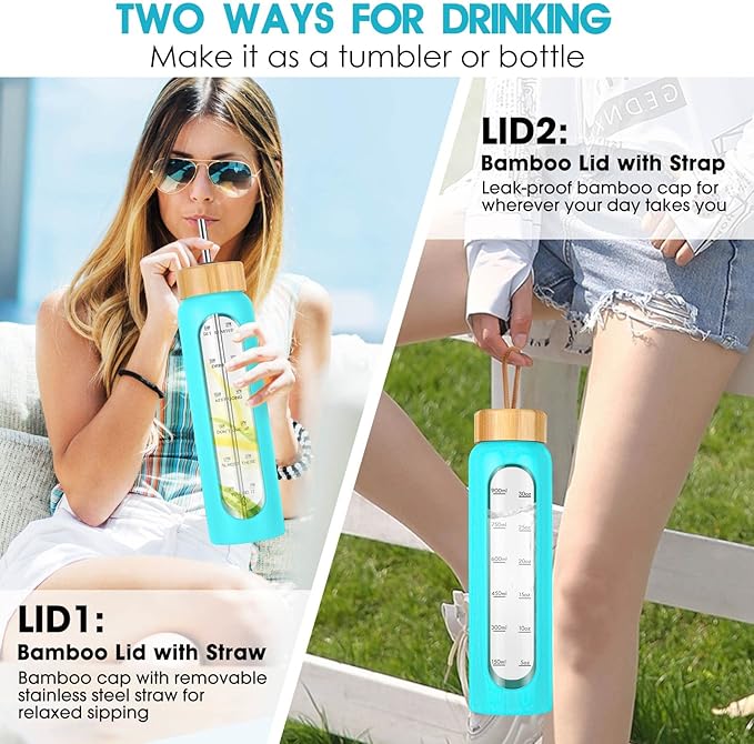 32 oz Glass Water Bottles with Straw - Motivational Glass Water Bottle with Time Marker & Silicone Sleeve - Reusable Glass Tumbler Includes 2 Bamboo Lids & Fruit Infuser - 1 Pack