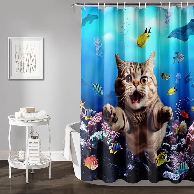 AILONEN 3D Swimming Cat Shower Curtain Set,Coral Bath Curtain for Kids Girls Boys,Sea Animals Ocean Theme Shower Curtain,Cat Lovers Animal Shower Curtains for Bathroom Decor, 48" W*72" H