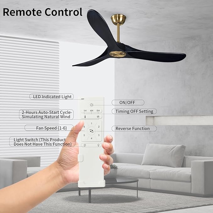 Bigzone 52" Black and Gold Ceiling Fan With Remote Control, DC Motor Quiet Energy Saving,3 Balsa Wood Blades,Outdoor/Indoor Ceiling Fan no light With Reversible Blades
