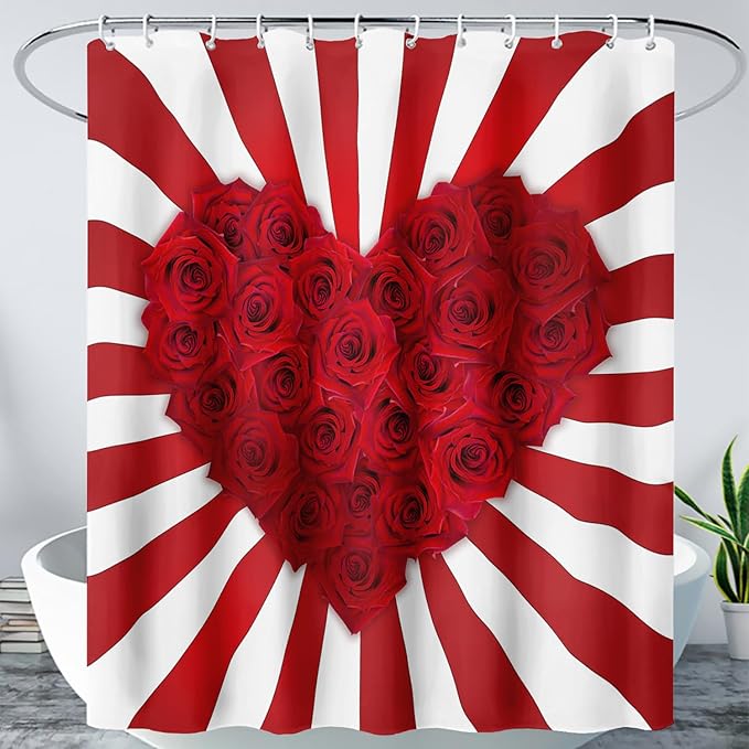 AILONEN Red Rose Hearts Print Shower Curtain for Bathroom, Romantic Flower Red and White Stripe Bathroom Decor 36" W*72" H Bath Curtain Polyester Waterproof Shower Curtain with 12 Hooks
