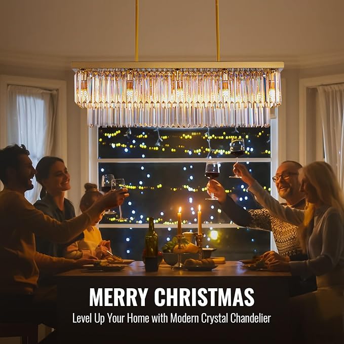 Siljoy 12-Light Modern Crystal Chandelier Gold Rectangular K9 Crystal Raindrop Chandelier, Luxury 2-Tiers Adjustable Ceiling Pendant Light Fixture for Dining Room Kitchen Island, L47'' x W10'' x H10''